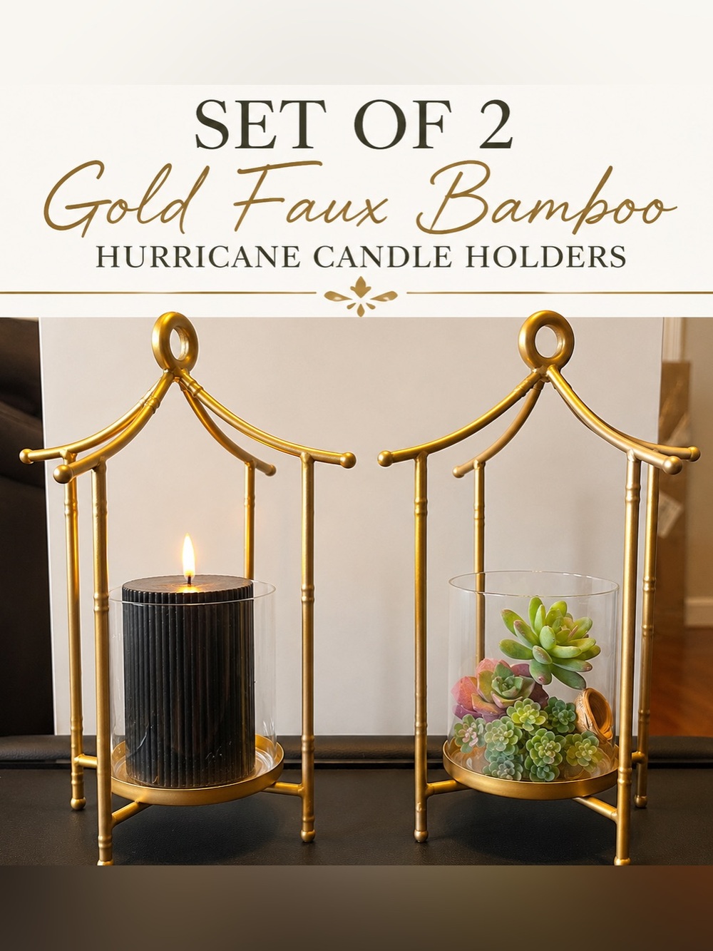 Set of 2 Gold Faux Bamboo Hurricane Candle Holders Pagoda Lanterns